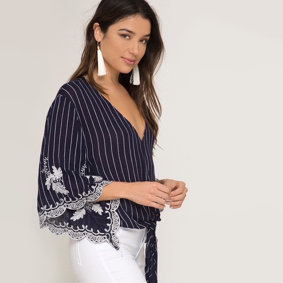 Blue Floral Striped Tie Front Bell-Sleeve Top - Picture 5 of 9